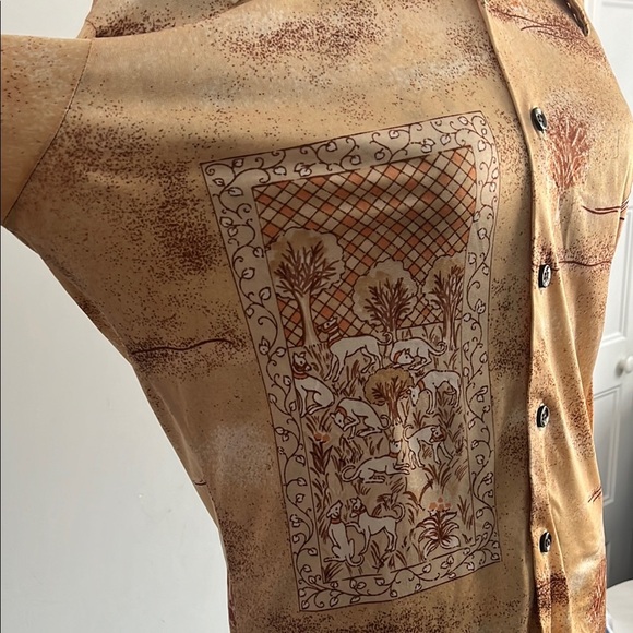 Vintage 70s Golden Pastoral Satin Shirt — Baroque Dog Print - Picture 4 of 7